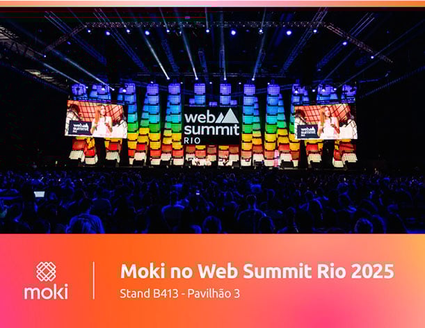 Banner do Web Summit Rio 2025 com destaque para inovação, tecnologia aplicada e presença da Moki no evento