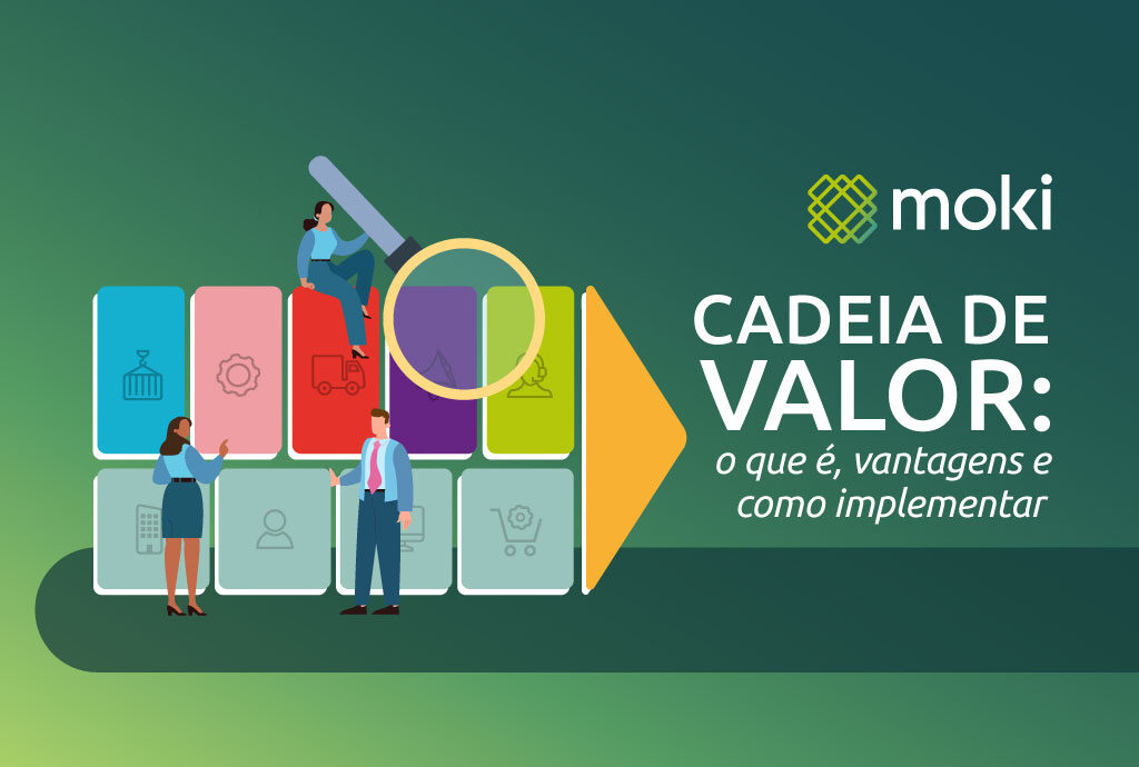 Capa do post Cadeia de Valor com ilustração de 3 funcionários analisando a organização dos processos