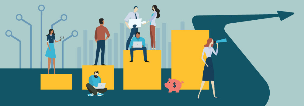 Ilustração de pessoas acima de um gráfico de barras verificando as melhorias e benefícios de uma boa gestão de dados