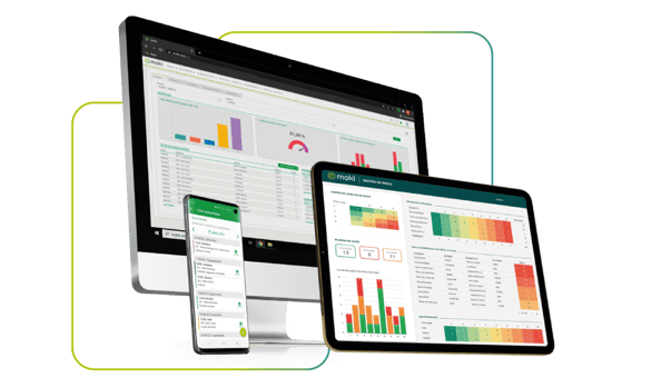 Tela do dashboard Moki exibindo indicadores de performance (KPIs) do processo de recebimento de mercadorias.