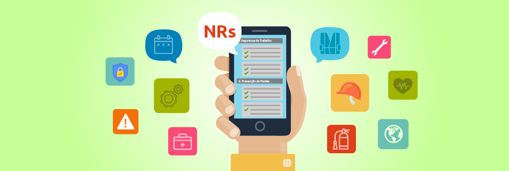Ilustração de um celular na tela de checklist e com vários funcionalidades como alertas, agenda e configurações ao redor