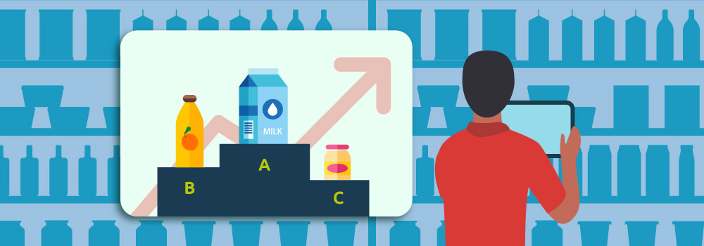 Ilustração de funcionário verificando produtos na gôndola de acordo com a curva ABC