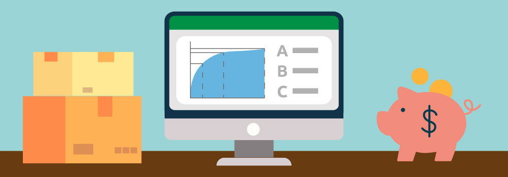 Ilustração de computador com as vantagens da curva ABC como estoque mais organizado e economia financeira