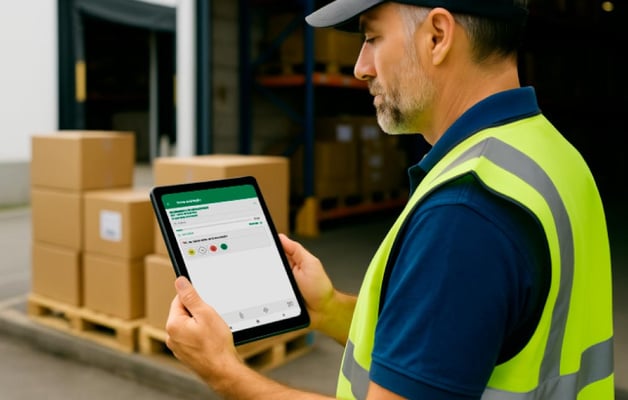 Colaborador consultando o POP de recebimento de mercadorias digitalmente em um tablet na doca de recebimento.