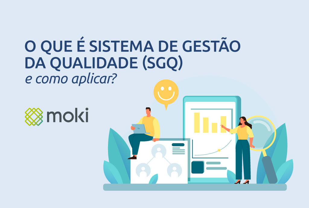 Capa do post sobre Sistema de Gestão da Qualidade (SGQ) com ilustração de funcionários utilizando notebook e tablet para verificar os processos