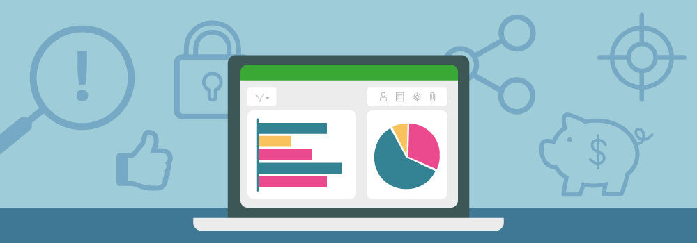 Ilustração de notebook em uma tela com gráficos e, ao fundo, ícones relacionados às vantagens de um software para SGQ
