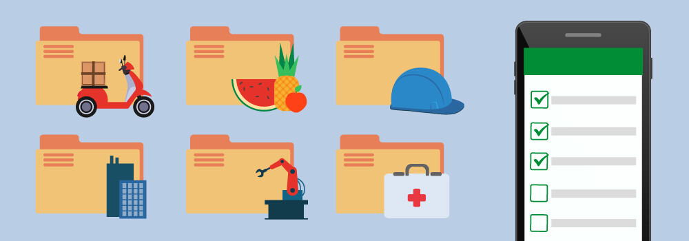 Ilustração de pastas de documentos contendo checklists de Delivery, Segurança Alimentar, Segurança do Trabalho, Manutenção Predial, Indústrias e Farmácias