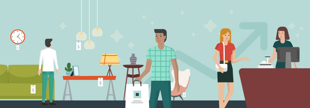 Clientes felizes em uma loja com bom visual merchandising